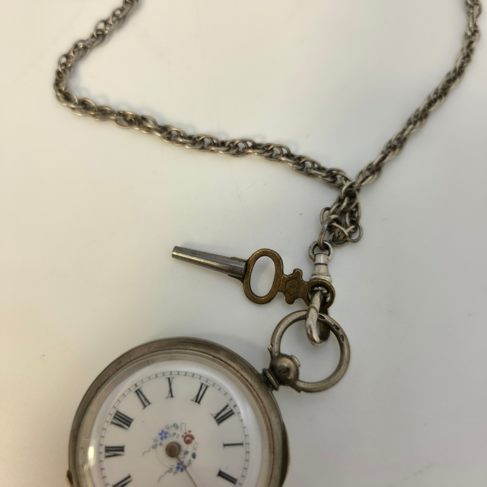Pocket Watch OS Silver Good Antique Floral Key Wind Chain missing hand - Picture 3 of 9